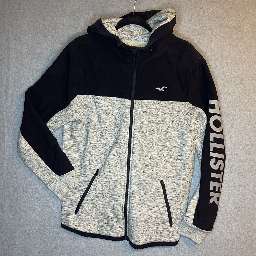 Hollister Black Gray Full Zip Hooded Fleece Hoodie Men's Size L